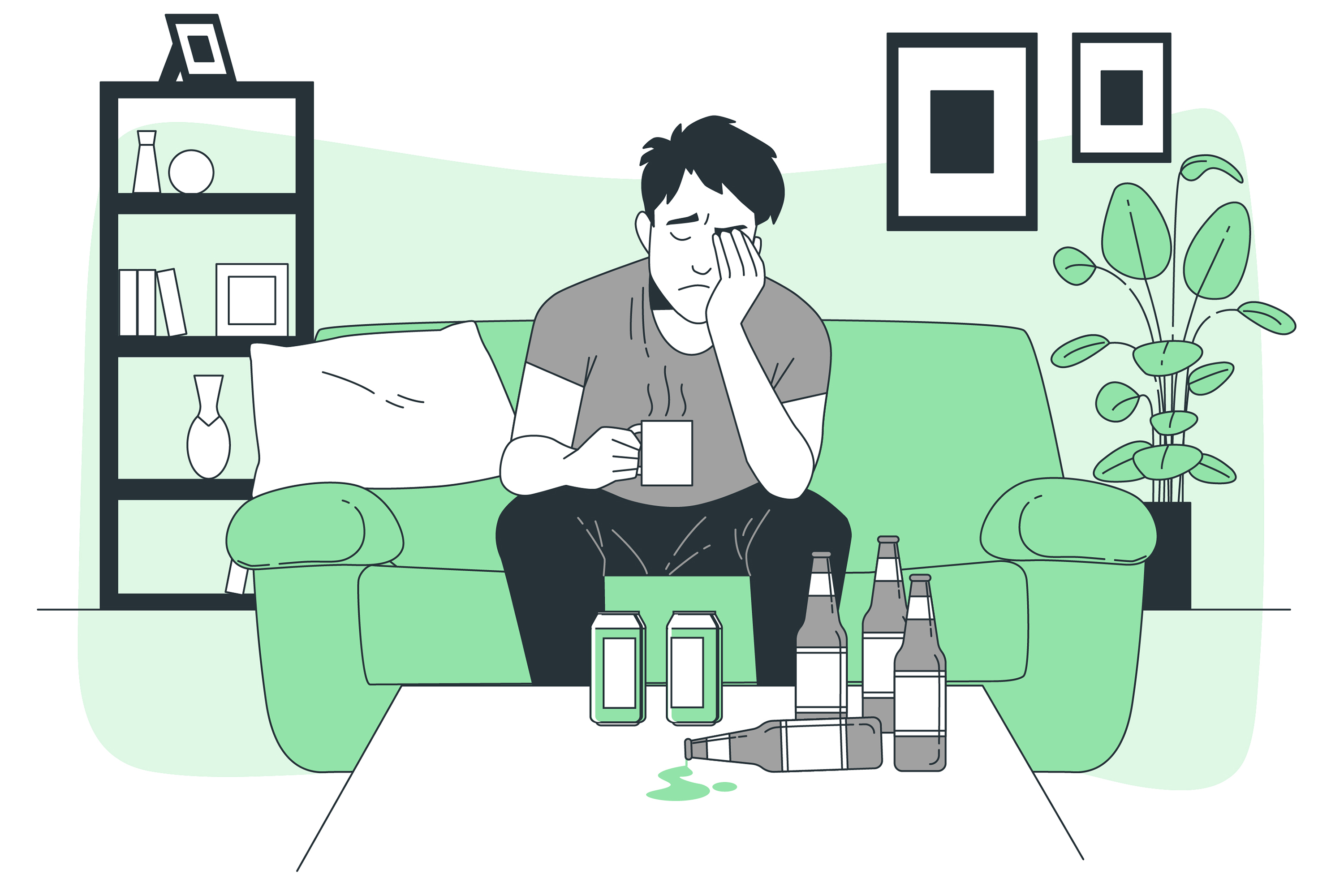 Person with alcohol and drugs on a table
