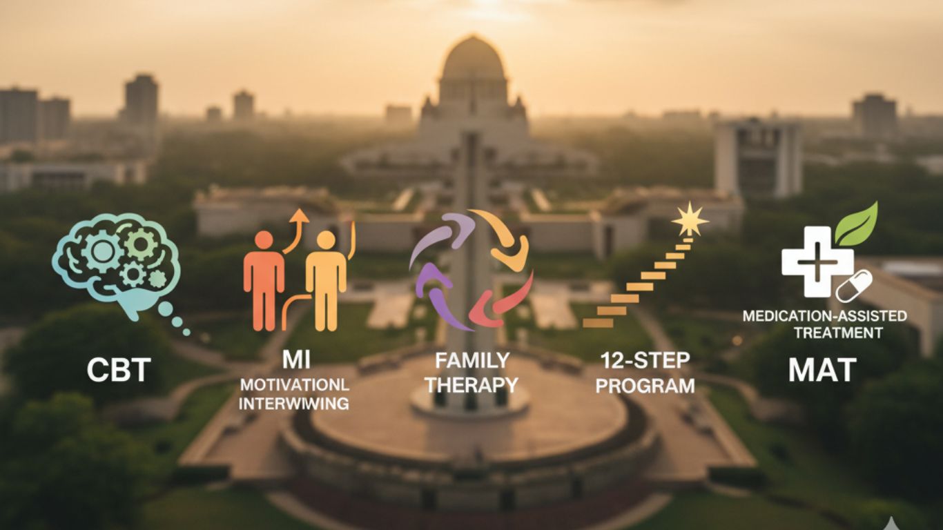 Person with alcohol and drugs on a table